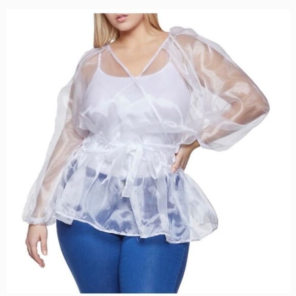 love J Tops - NEW Love J white organza sheer faux wrap peplum top blouse XL